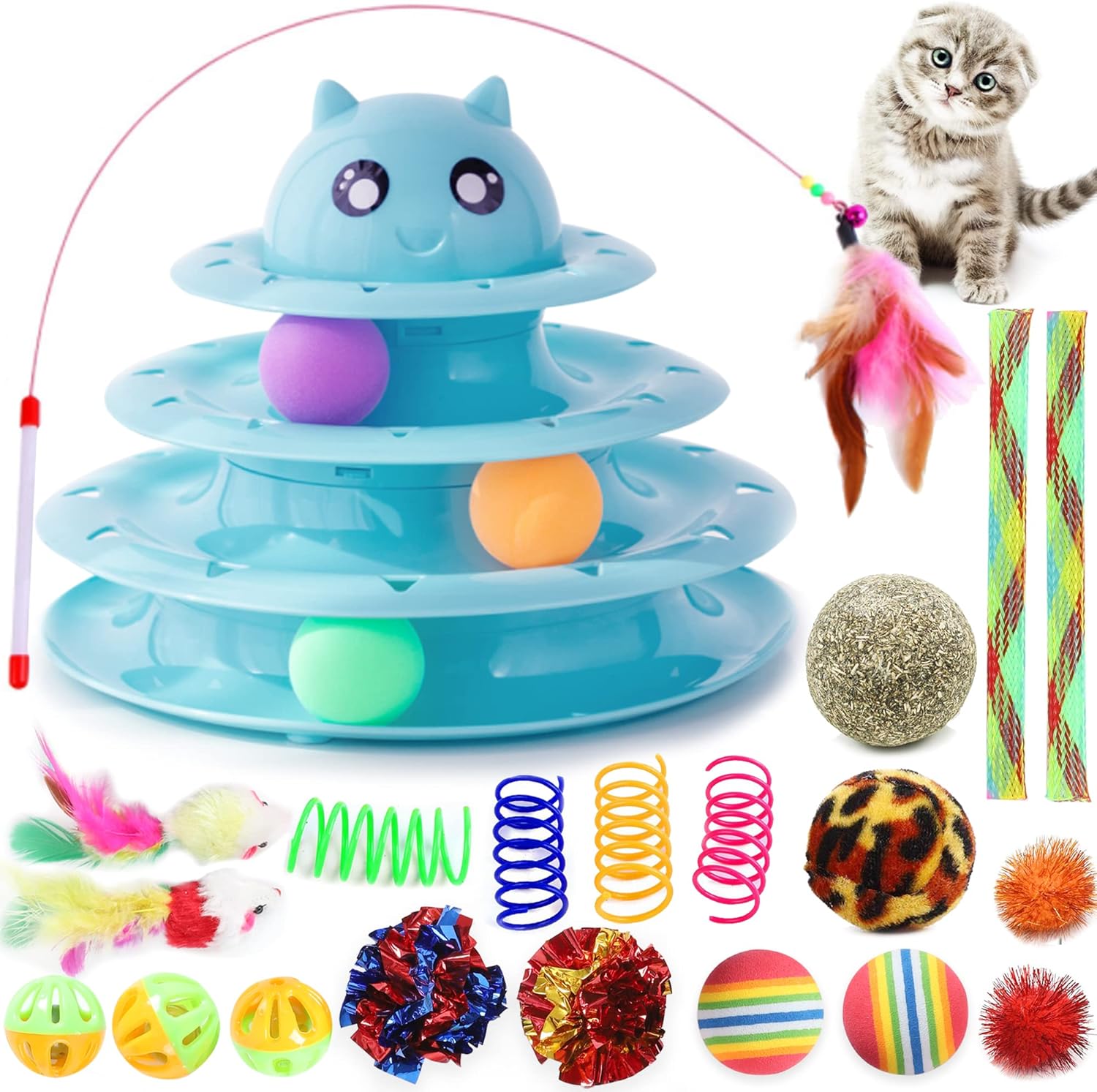 10. Suhaco 21 Pack Cat Toys for Indoor Cats Interactive Kitten Toy Fun Roller 3 Level Cats Ball Toys with Catnip Ball Self Play Cat Feather Wand Kitty Toy for Boredom (Blue)