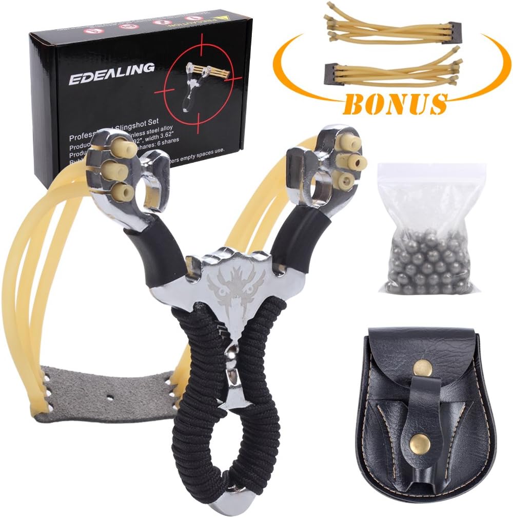 3. edealing Stainless Steel Slingshot Set Outdoor Hunting Catapult Toy Powerful Slingshot Bow + 2pcs Rubber Bands Replacement + 50pcs Steel Balls + 1pcs Leather Bag (Slingshot Set)