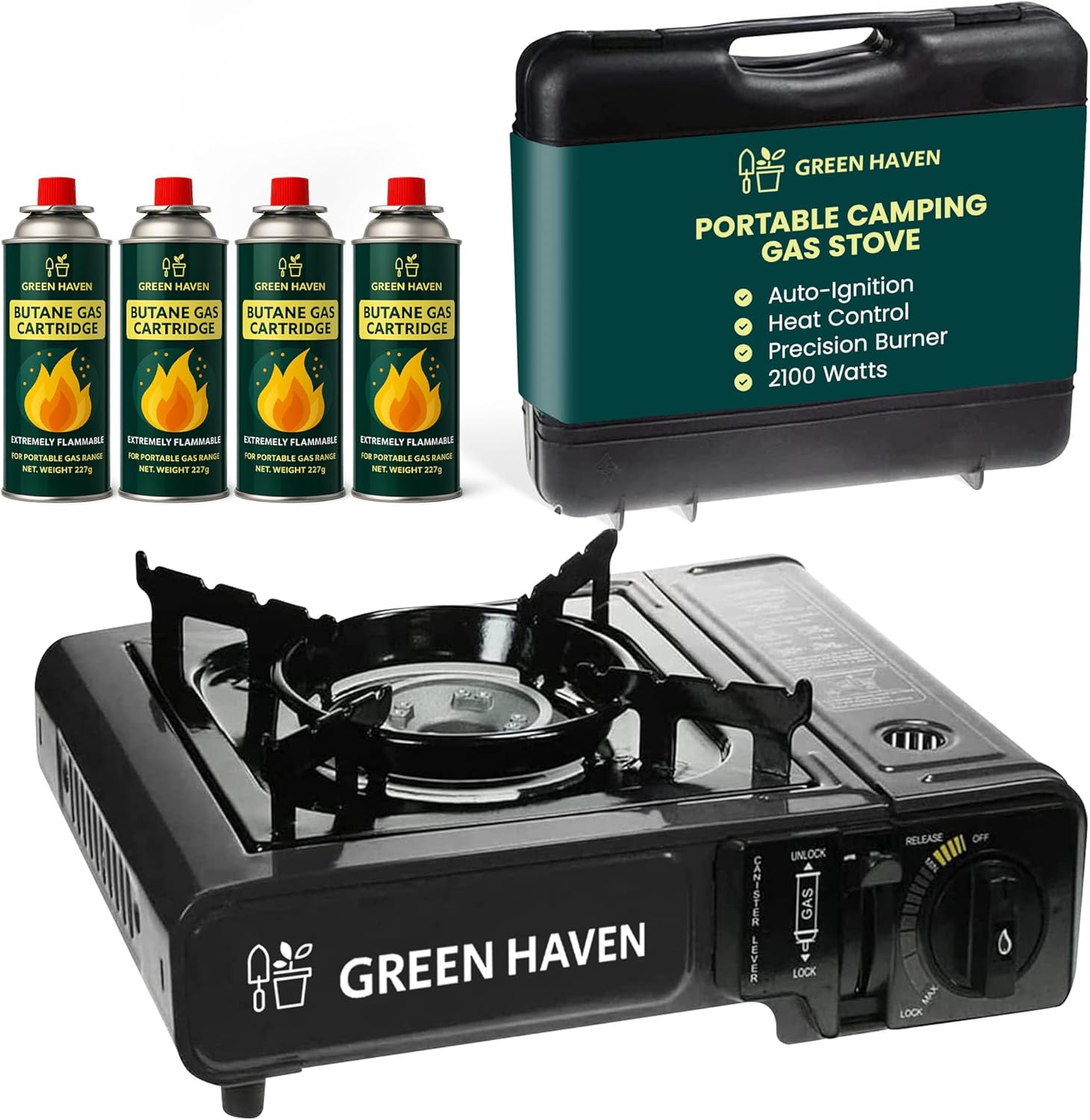 GREEN HAVEN Black Portable Camping Stove with Cary Case & 4 Butane Gas - Premium Camping Gas Stove, EN417 Compliant, Portable with Automatic Ignition & Heat Control