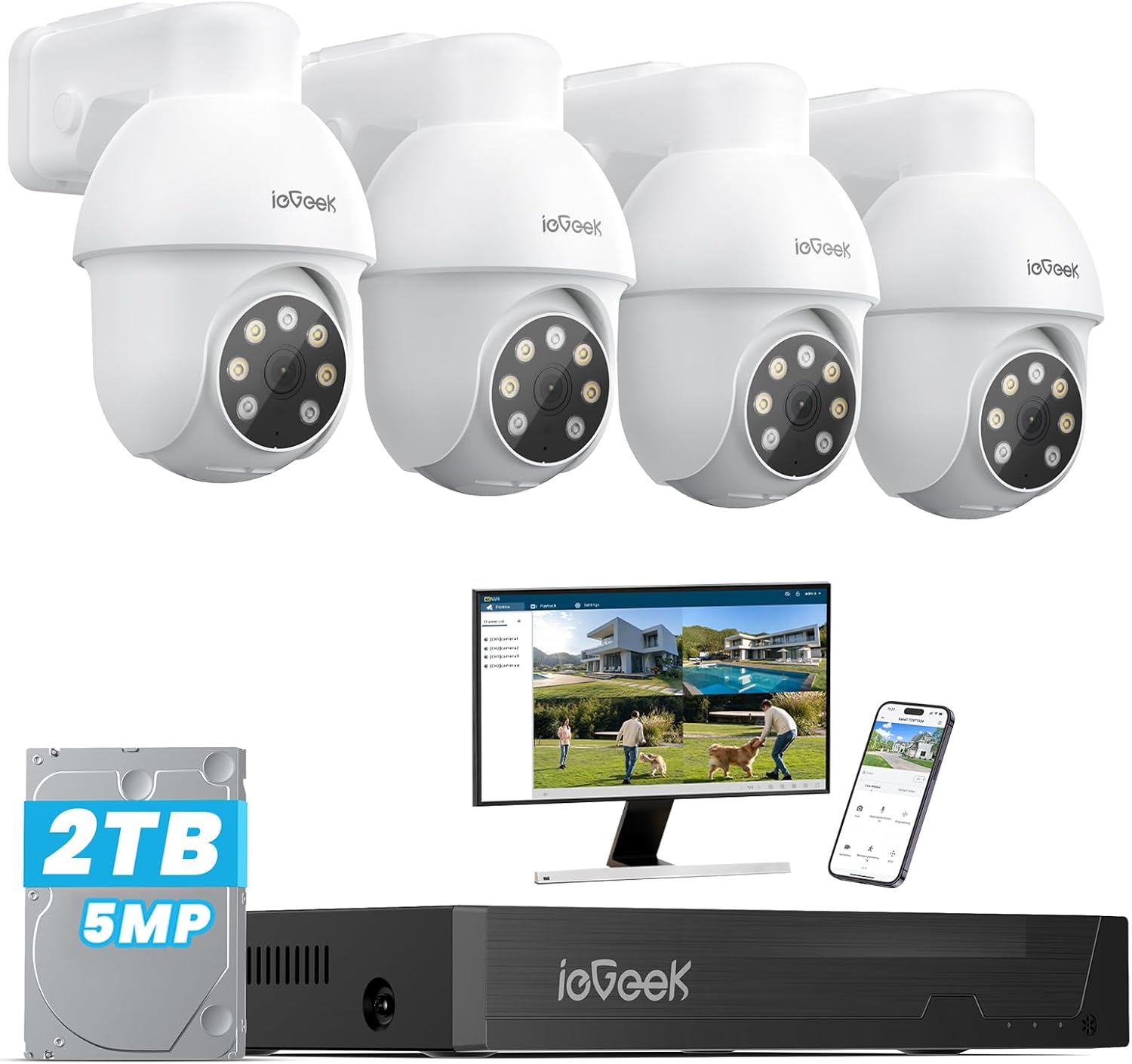 ieGeek【5MP+2TB HDD+360°PTZ】PoE Security CCTV Camera Systems with AI Human & Vehicle Detection, 4K Lite H.265+ DVR/NVR, 4PCS Home Security Cameras, Color Night Vision, Automatic Tracking, Remote Access