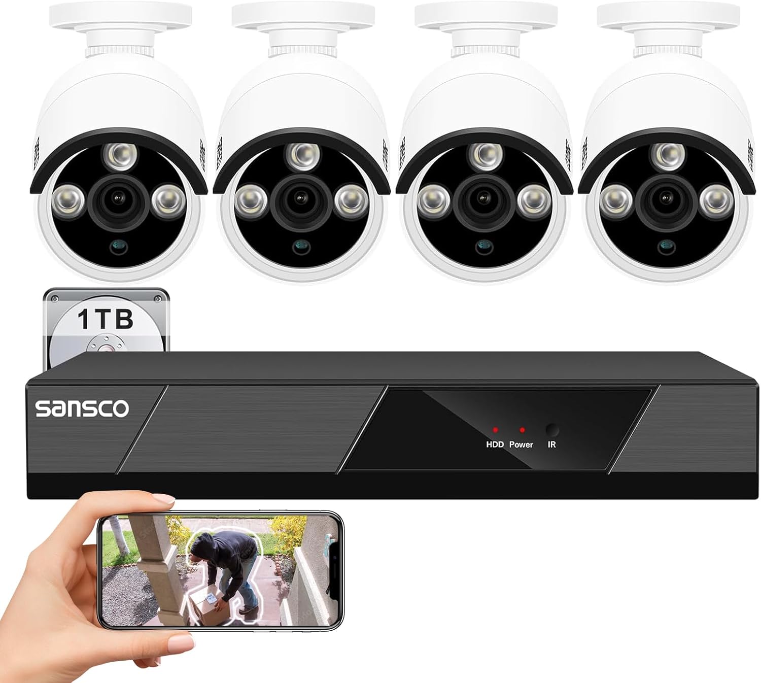 SANSCO PoE CCTV Security Camera System with 1TB Hard Drive Audio Recording, 8CH 4K NVR + (4) 4MP Outdoor IP Cameras (2560x1440, Built-in Mic, AI Human/Face Detection, Night Vision, Remote Access)